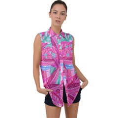 Leaves Tropical Reason Stamping Sleeveless Chiffon Button Shirt