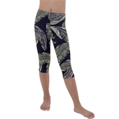 Jungle Leaves Tropical Pattern Kids  Lightweight Velour Capri Leggings  by Wegoenart