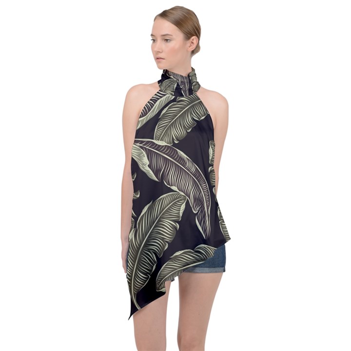 Jungle Leaves Tropical Pattern Halter Asymmetric Satin Top