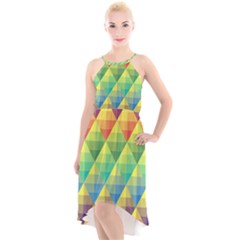 Background Colorful Geometric High-low Halter Chiffon Dress 