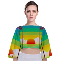 Seaside Sunrise Colorful Ocean Sea Tie Back Butterfly Sleeve Chiffon Top by Wegoenart