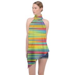 Colorful Background Pattern Halter Asymmetric Satin Top