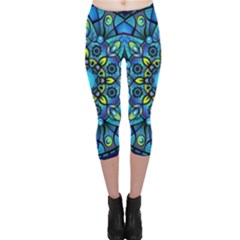 Mandala Blue Abstract Circle Capri Leggings  by Wegoenart