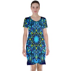 Mandala Blue Abstract Circle Short Sleeve Nightdress by Wegoenart