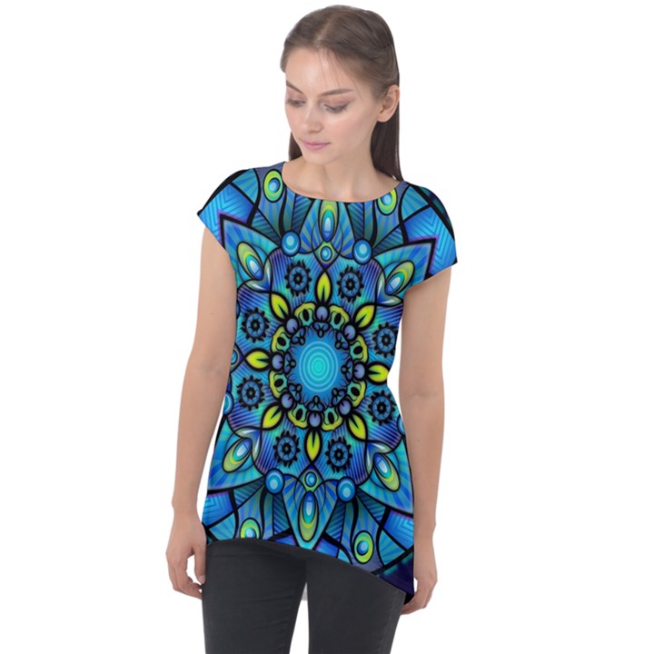 Mandala Blue Abstract Circle Cap Sleeve High Low Top