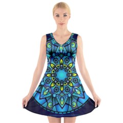 Mandala Blue Abstract Circle V-neck Sleeveless Dress by Wegoenart