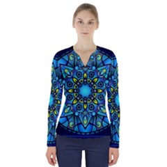 Mandala Blue Abstract Circle V-neck Long Sleeve Top by Wegoenart