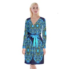 Mandala Blue Abstract Circle Long Sleeve Velvet Front Wrap Dress by Wegoenart