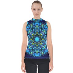 Mandala Blue Abstract Circle Mock Neck Shell Top by Wegoenart