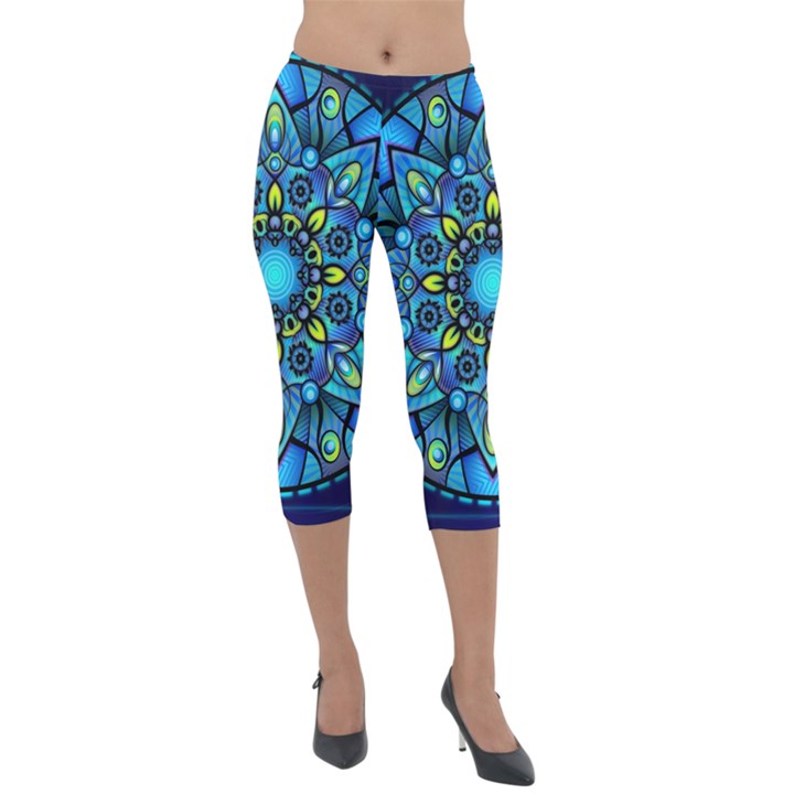 Mandala Blue Abstract Circle Lightweight Velour Capri Leggings 