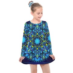 Mandala Blue Abstract Circle Kids  Long Sleeve Dress