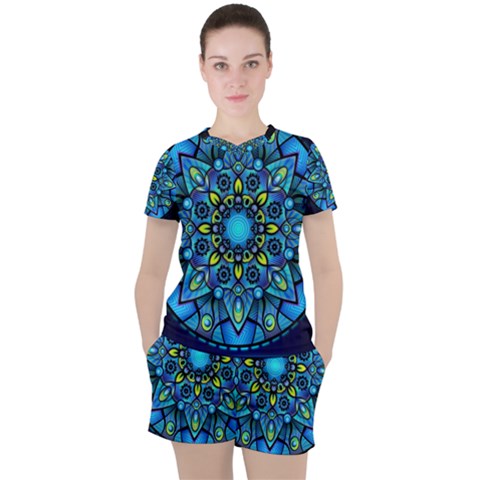 Mandala Blue Abstract Circle Women s Tee And Shorts Set by Wegoenart