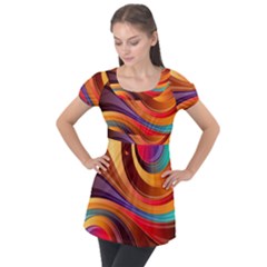 Abstract Colorful Background Wavy Puff Sleeve Tunic Top