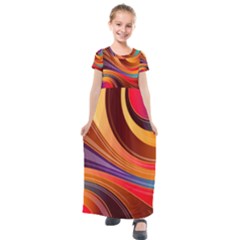 Abstract Colorful Background Wavy Kids  Short Sleeve Maxi Dress by Wegoenart