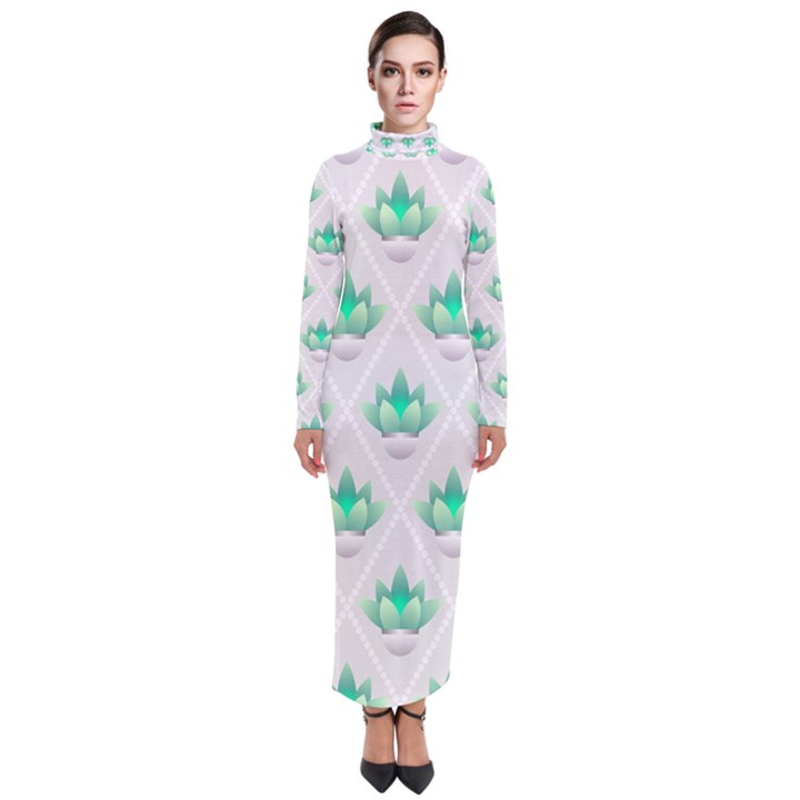 Plant Pattern Green Leaf Flora Turtleneck Maxi Dress