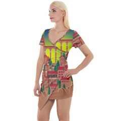 Mountain Village Village Medieval Short Sleeve Asymmetric Mini Dress by Wegoenart