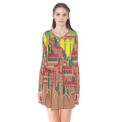 Mountain Village Village Medieval Long Sleeve V-neck Flare Dress by Wegoenart