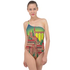 Mountain Village Village Medieval Classic One Shoulder Swimsuit by Wegoenart