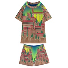 Mountain Village Village Medieval Kids  Swim Tee And Shorts Set by Wegoenart