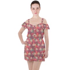 Colorful Background Abstrac Pattern Ruffle Cut Out Chiffon Playsuit