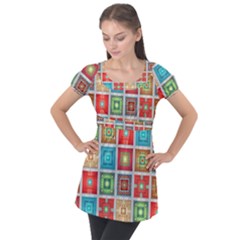 Tiles Pattern Background Colorful Puff Sleeve Tunic Top