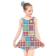 Tiles Pattern Background Colorful Kids  Skater Dress Swimsuit by Wegoenart