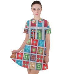 Tiles Pattern Background Colorful Short Sleeve Shoulder Cut Out Dress 