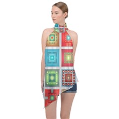 Tiles Pattern Background Colorful Halter Asymmetric Satin Top