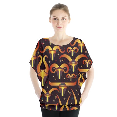 Stylised Horns Black Pattern Batwing Chiffon Blouse by Wegoenart