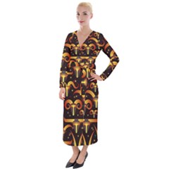 Stylised Horns Black Pattern Velvet Maxi Wrap Dress