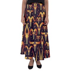 Stylised Horns Black Pattern Flared Maxi Skirt by Wegoenart