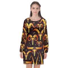 Stylised Horns Black Pattern Long Sleeve Chiffon Shift Dress  by Wegoenart