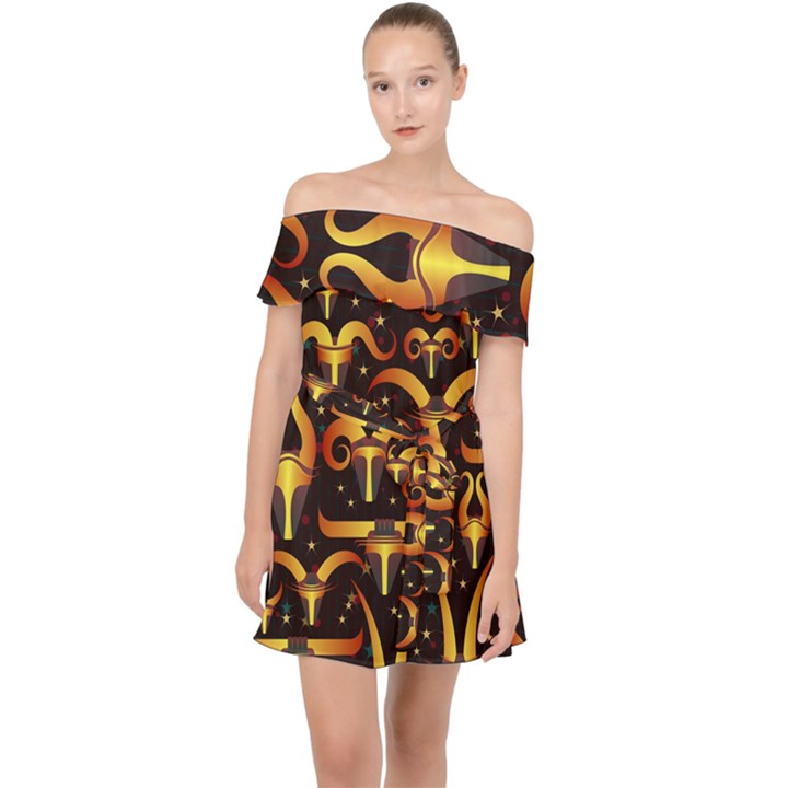 Stylised Horns Black Pattern Off Shoulder Chiffon Dress