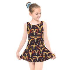 Stylised Horns Black Pattern Kids  Skater Dress Swimsuit