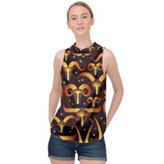 Stylised Horns Black Pattern High Neck Satin Top