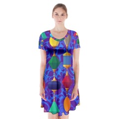 Colorful Background Stones Jewels Short Sleeve V-neck Flare Dress by Wegoenart