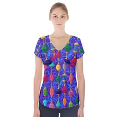 Colorful Background Stones Jewels Short Sleeve Front Detail Top by Wegoenart