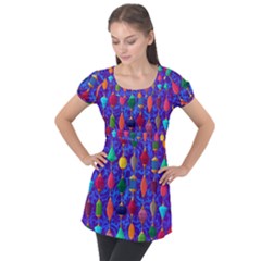 Colorful Background Stones Jewels Puff Sleeve Tunic Top