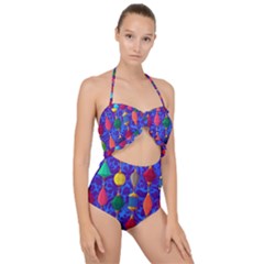 Colorful Background Stones Jewels Scallop Top Cut Out Swimsuit