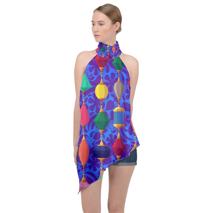 Colorful Background Stones Jewels Halter Asymmetric Satin Top