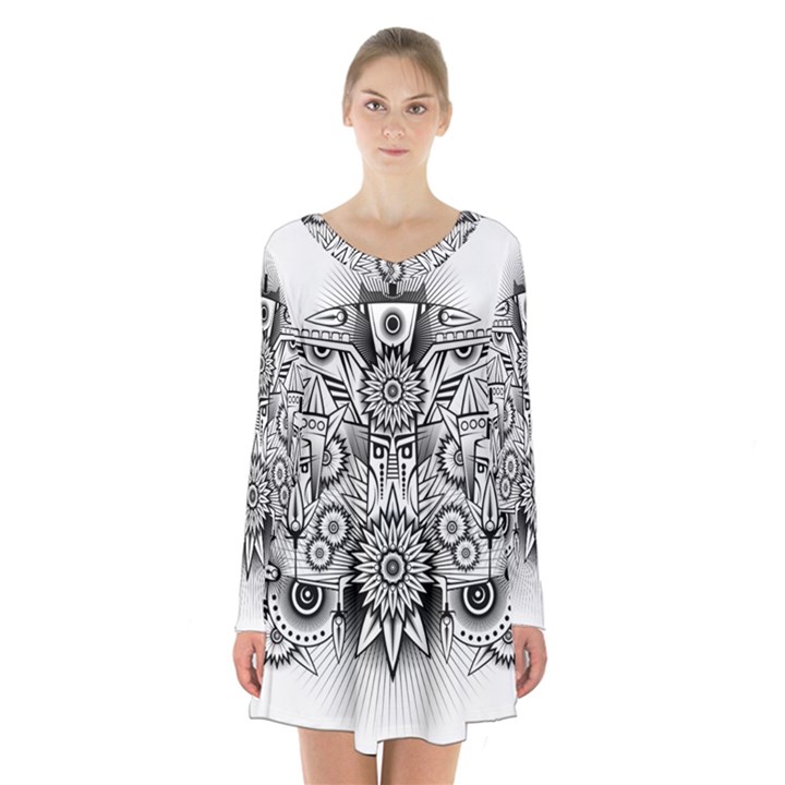 Forest Patrol Tribal Abstract Long Sleeve Velvet V-neck Dress