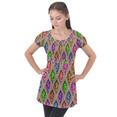 Abstract Background Colorful Leaves Puff Sleeve Tunic Top