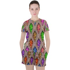 Abstract Background Colorful Leaves Women s Tee And Shorts Set