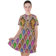 Abstract Background Colorful Leaves Short Sleeve Shoulder Cut Out Dress 