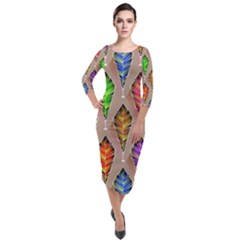 Abstract Background Colorful Leaves Quarter Sleeve Midi Velour Bodycon Dress