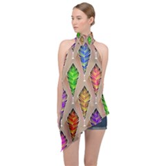 Abstract Background Colorful Leaves Halter Asymmetric Satin Top