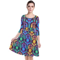 Pattern Background Bright Blue Quarter Sleeve Waist Band Dress