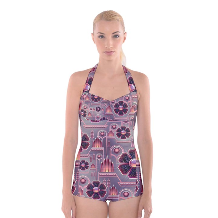 Background Floral Flower Stylised Boyleg Halter Swimsuit 