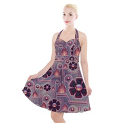 Background Floral Flower Stylised Halter Party Swing Dress 