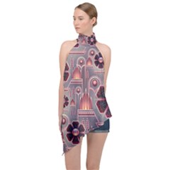 Background Floral Flower Stylised Halter Asymmetric Satin Top